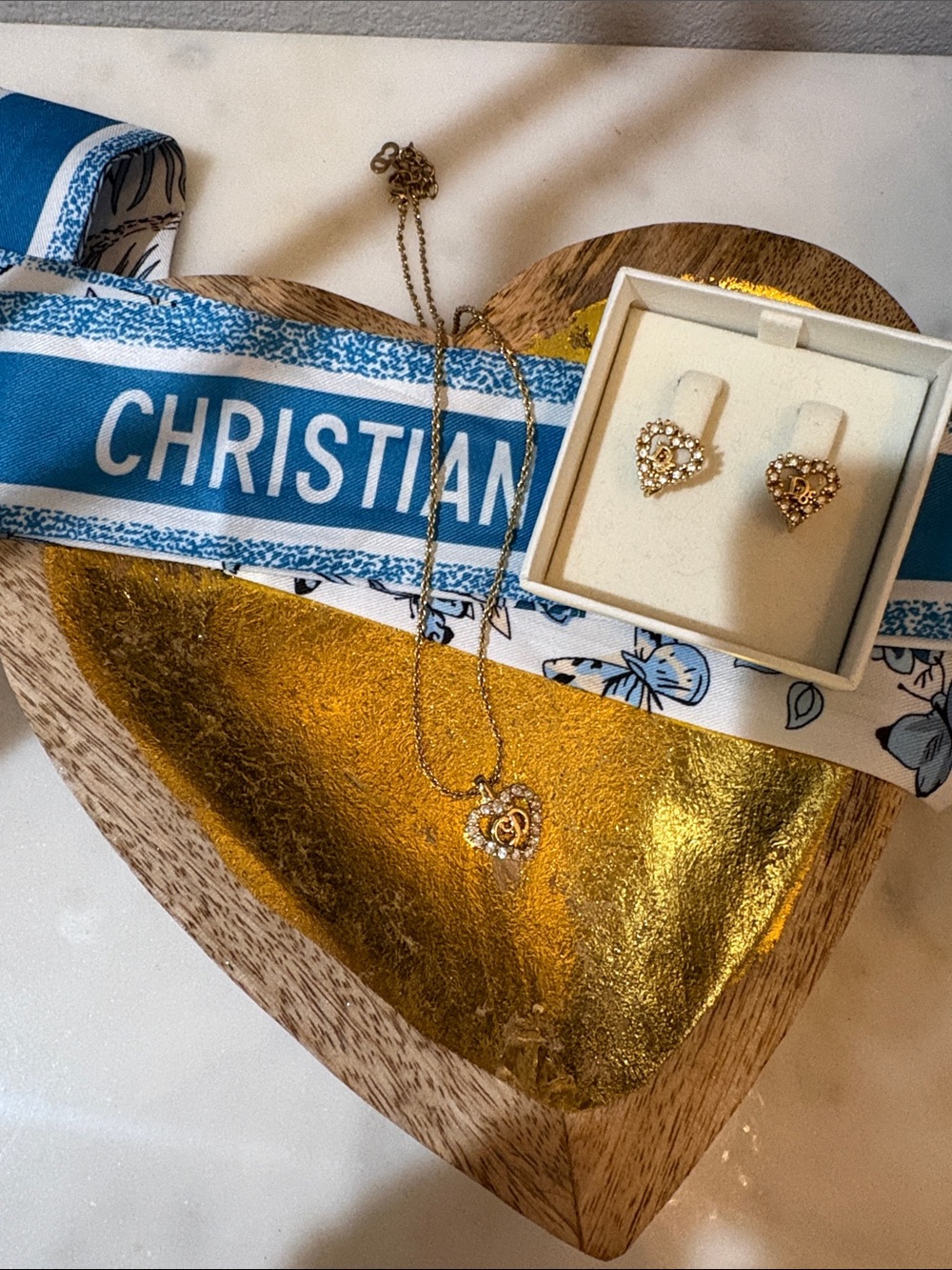 Authentic Dior Gold Heart Pendant Necklace and Matching Earrings with Crystal - Picture 2 of 5